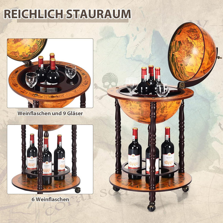 COSTWAY Globusbar Weltkugel, Barwagen Retro, Globus Bar auf Rollen, 2 Ebenen Hausbar, Servierwagen H