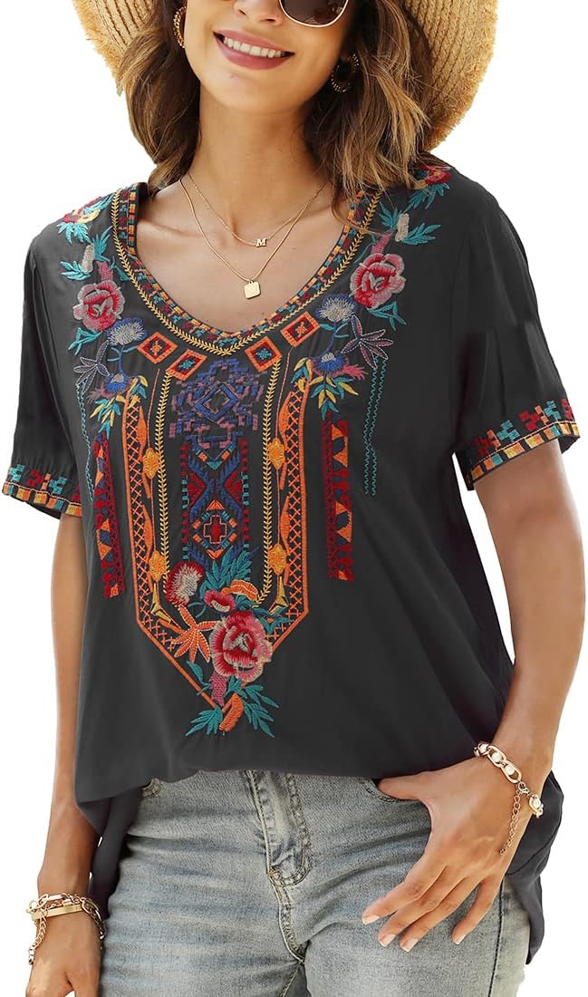 Tunika Damen Sommer Boho Bluse Folklore Stickerei Oberteil Trachten Hippie Kleidung Kurzarm V-Aussch