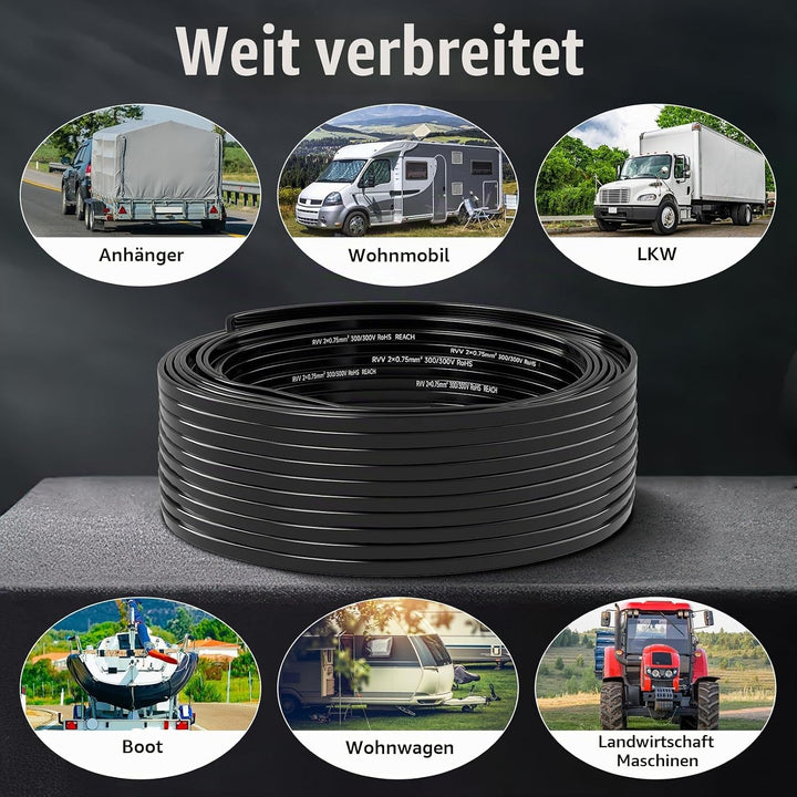 20M Fahrzeugleitung 2x0,75mm² Flachkabel, 12V 24V 2 Adriges Anhängerkabel, 2 Adriges Elektrokabel FL