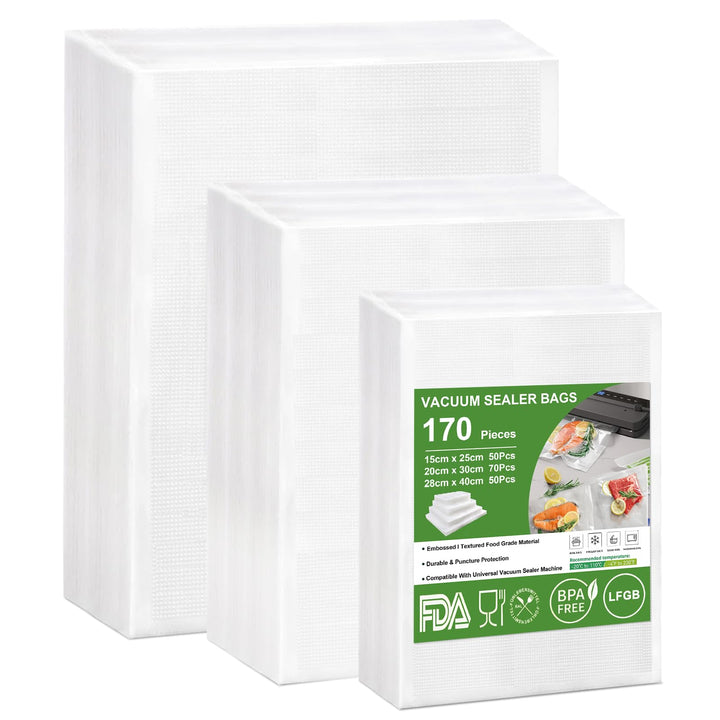 Omtofo 170 Beutel Vakuumierbeutel 15x25cm+20x30cm+28x40cm Geprägt, BPA-frei, Reissfest, Vakumiererge