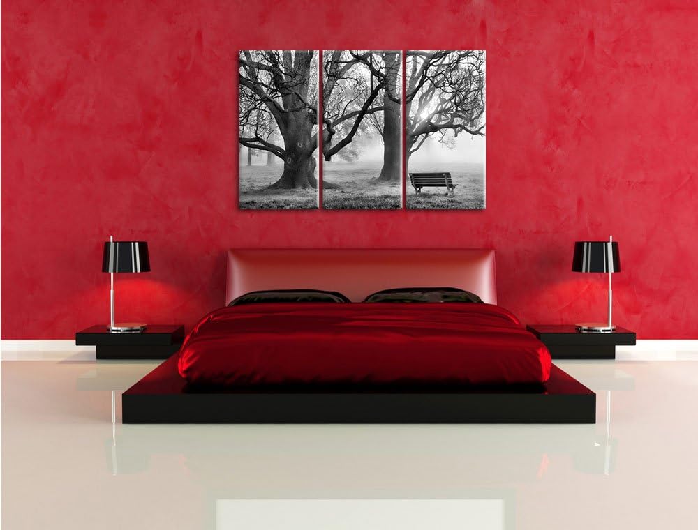 Pixxprint Monocrome, Baum und Bank im Nebel 3-Teiler Leinwandbild 120x80 Bild auf Leinwand