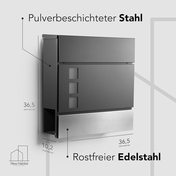 NewHabitat I Moderner Briefkasten Anthrazit mit Zeitungsfach - Wandbriefkasten mit Sichtfenster - Ro