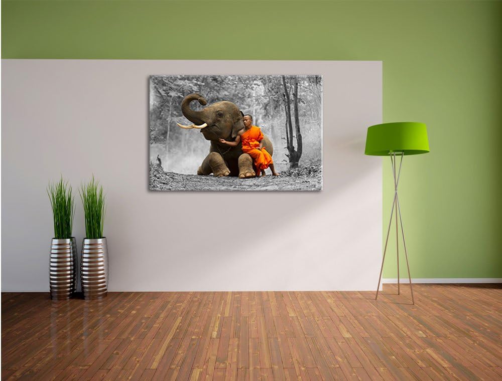 Pixxprint Mönch mit Elefanten im Wald als Leinwandbild | Grösse: 100x70 cm | Wandbild | Kunstdruck |