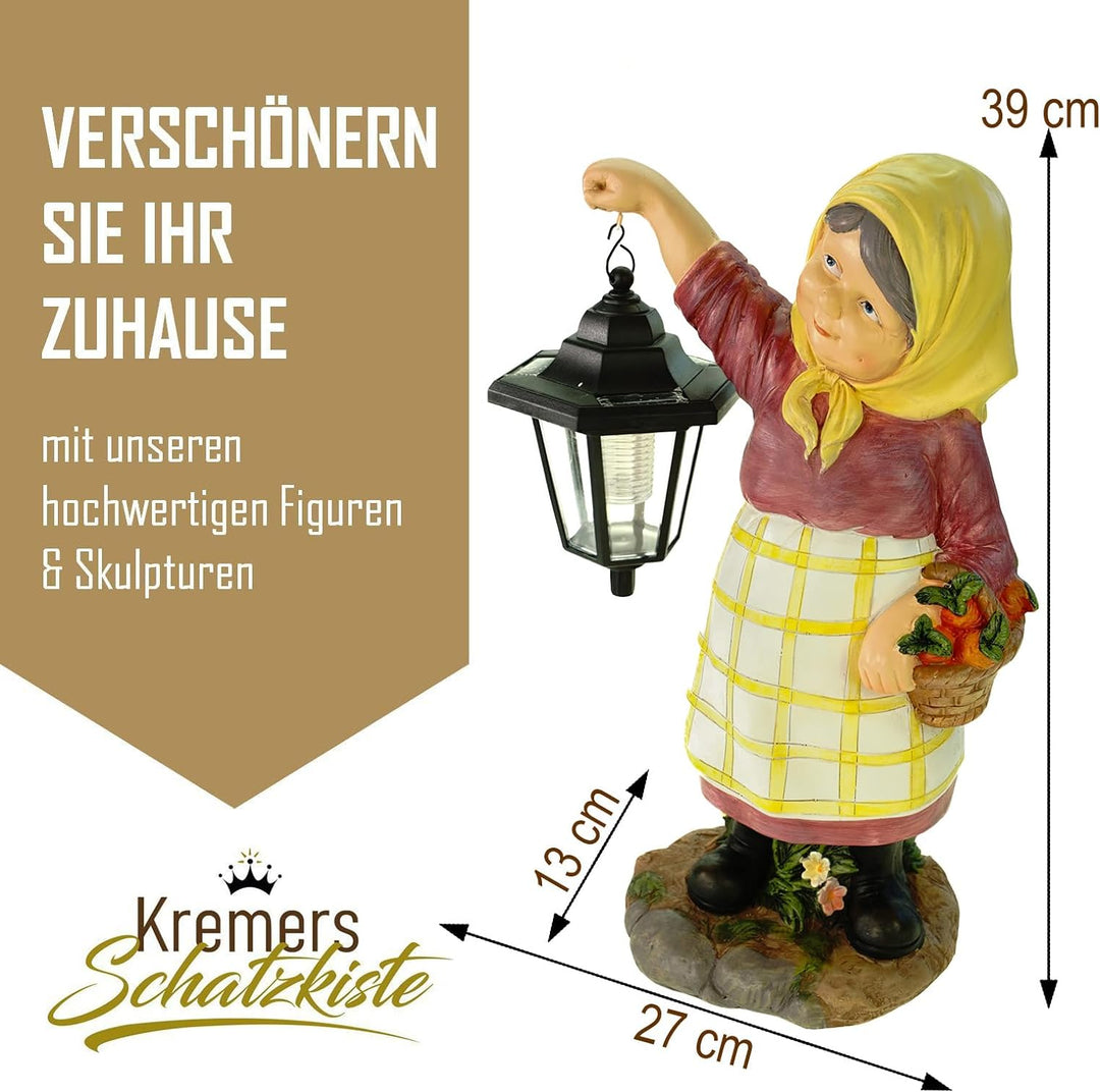 Kremers Schatzkiste Oma Edeltraud mit Solarlaterne und Korb Figur Gartenfigur 38 cm Garten Ältere Da