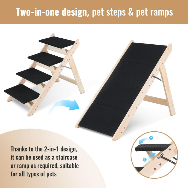 Hundetreppe 4 Stufen,2-in-1 Klappbare Hunderampe aus Holz,rutschfest mit Geringer Neigung,Haustiertr
