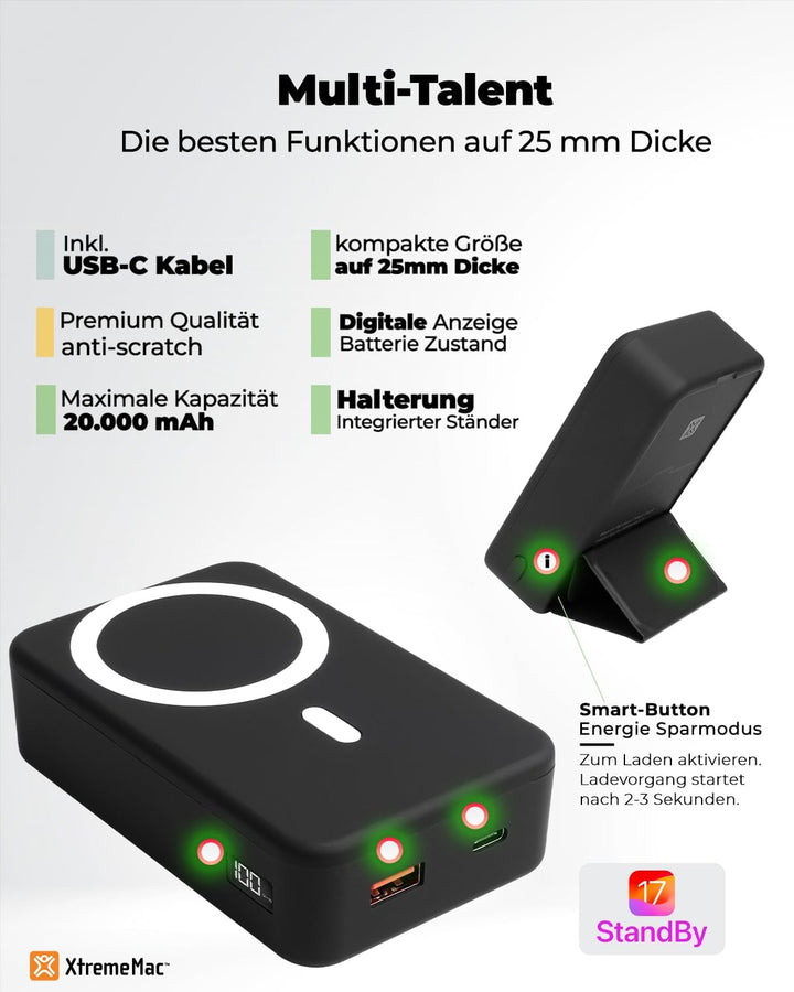 XtremeMac Magsafe Powerbank 20000mAh, Magnetische Externe Batterie für iPhone 15/14/13/12 Serie, USB