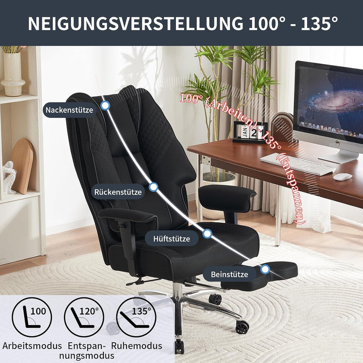 EXCEBET Schwerlast Bürostuhl 180kg - Ergonomischer Netzstuhl mit 14cm Taschenfederkern, Atmungsaktiv