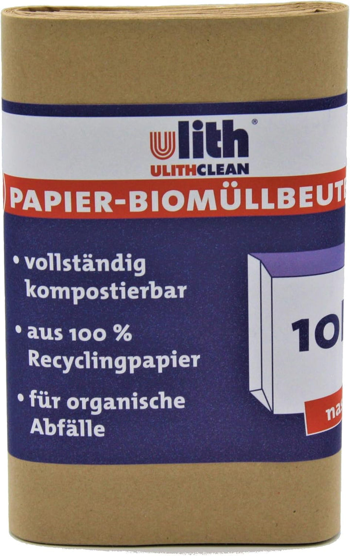 UlithClean Bioabfalltüte, Kompostbeutel, Biobeutel aus Papier, nassfest, 10 Liter, 270x200x160 mm, P