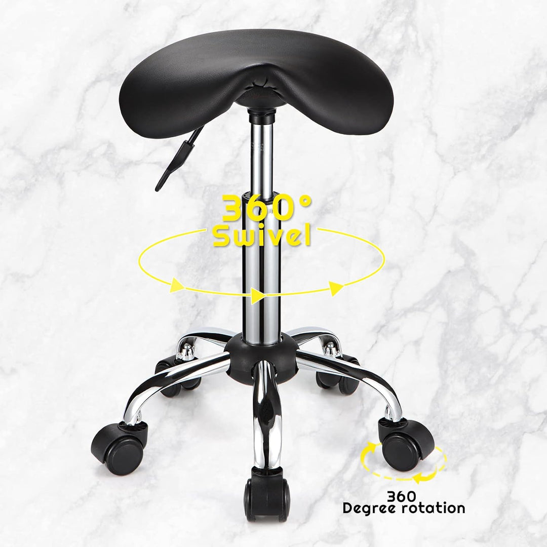 FNZIR Sattel Rollhocker mit Rädern PU Leder Höhenverstellbare Drehhocker Stuhl Schwarz