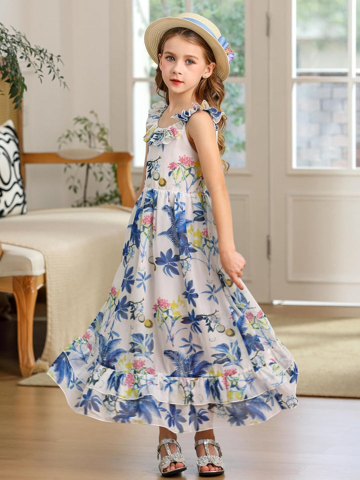 BONNY BILLY Mädchen Kleider Freizeit Blumen Sommerkleid Strandkleid Chiffonkleid Maxikleid mit Rüsch