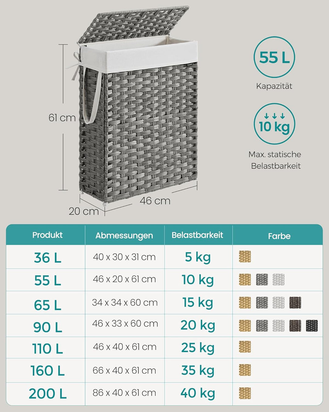 SONGMICS Wäschekorb schmal, Wäschesammler 55 L, Wäschebox aus synthetischem Rattan, mit Deckel und G