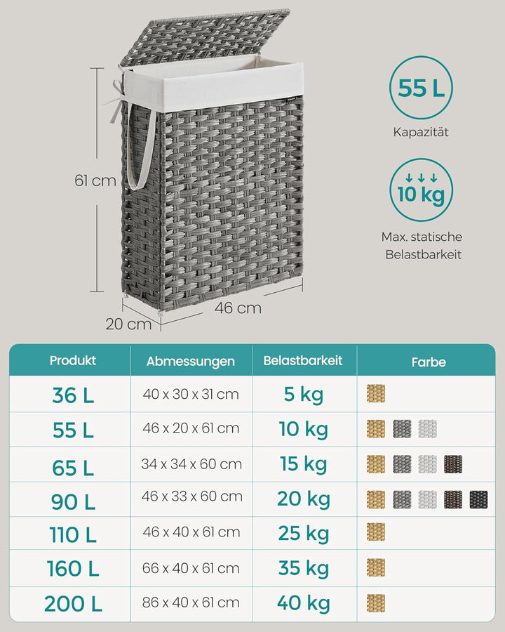 SONGMICS Wäschekorb schmal, Wäschesammler 55 L, Wäschebox aus synthetischem Rattan, mit Deckel und G