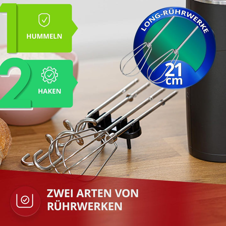 MPM Handmixer mit 2 Rührbesen und 2 Knethaken - 6 Geschwindigkeiten mit Turbotaste - 900 W - Anthraz