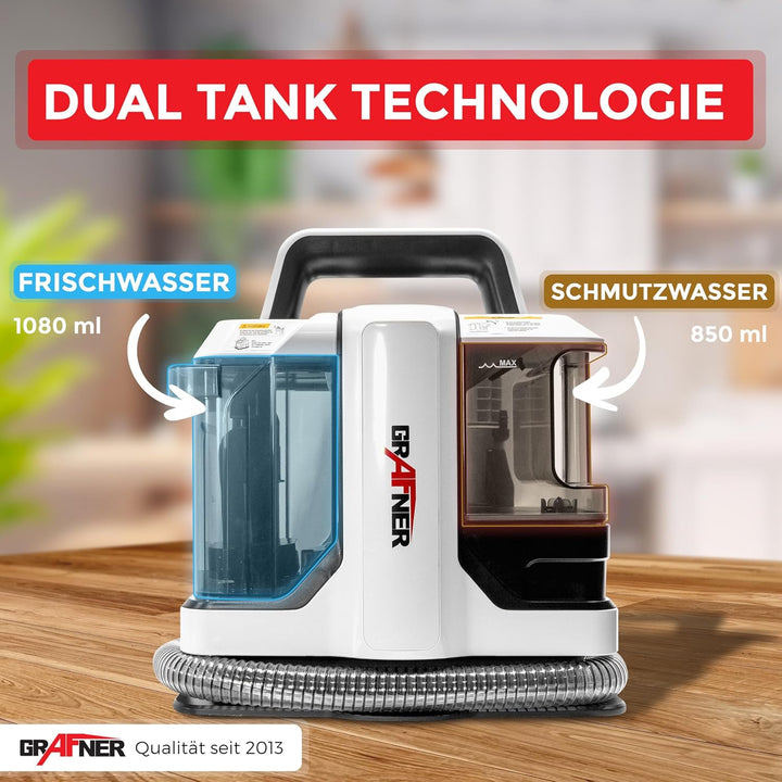 Grafner Waschsauger mit Dual-Tank und 2 Bürsten, Fleckenreiniger für Teppiche, Treppen, Polster, Aut
