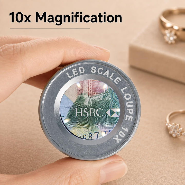 10X Juwelierlupe mit LED- und UV-Licht, metrischer Skala, USB-LED-Ladeanzeige. Ideal für Schmuck, Te