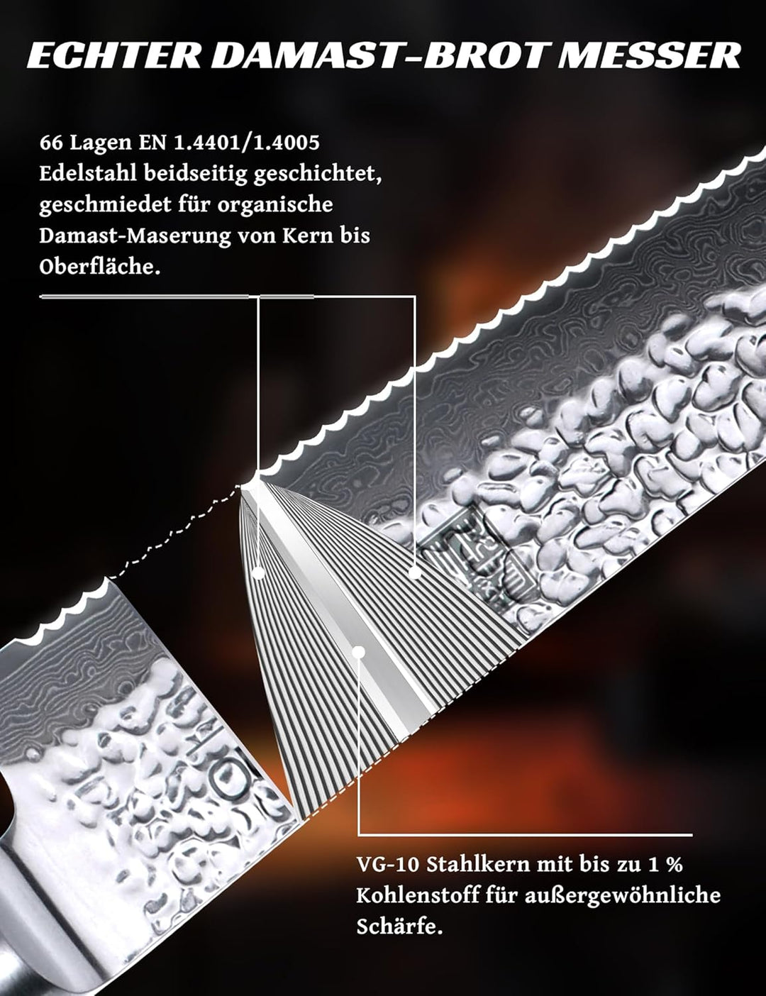 Japanisches Brotmesser Wellenschliff 20 cm, VG-10 Damaststahl-Klinge mit Extra Langer Schärfe, Perfe