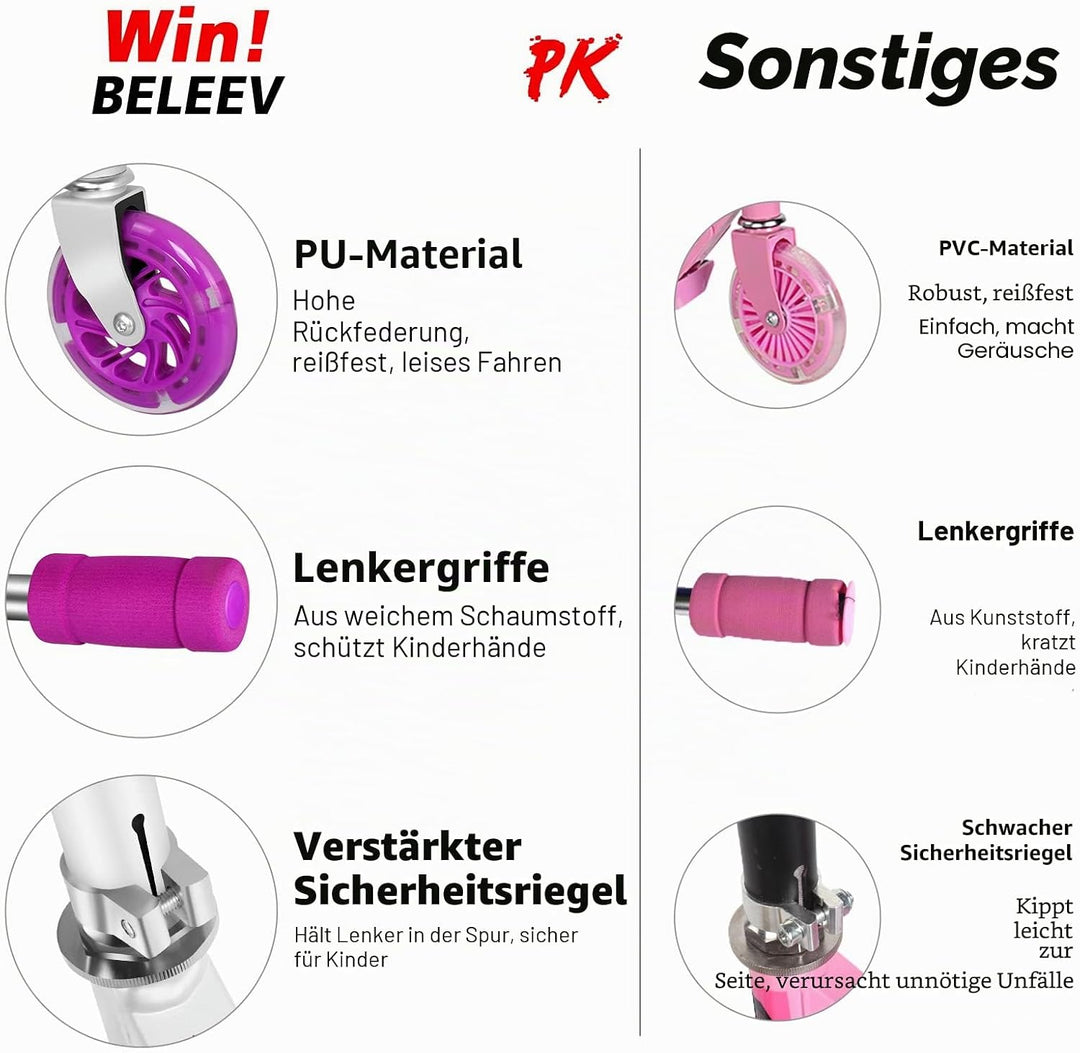BELEEV V1 Roller Kinder 2 Räder, Klappbar Kinderroller für Mädchen Jungen, Tretroller mit LED Leucht