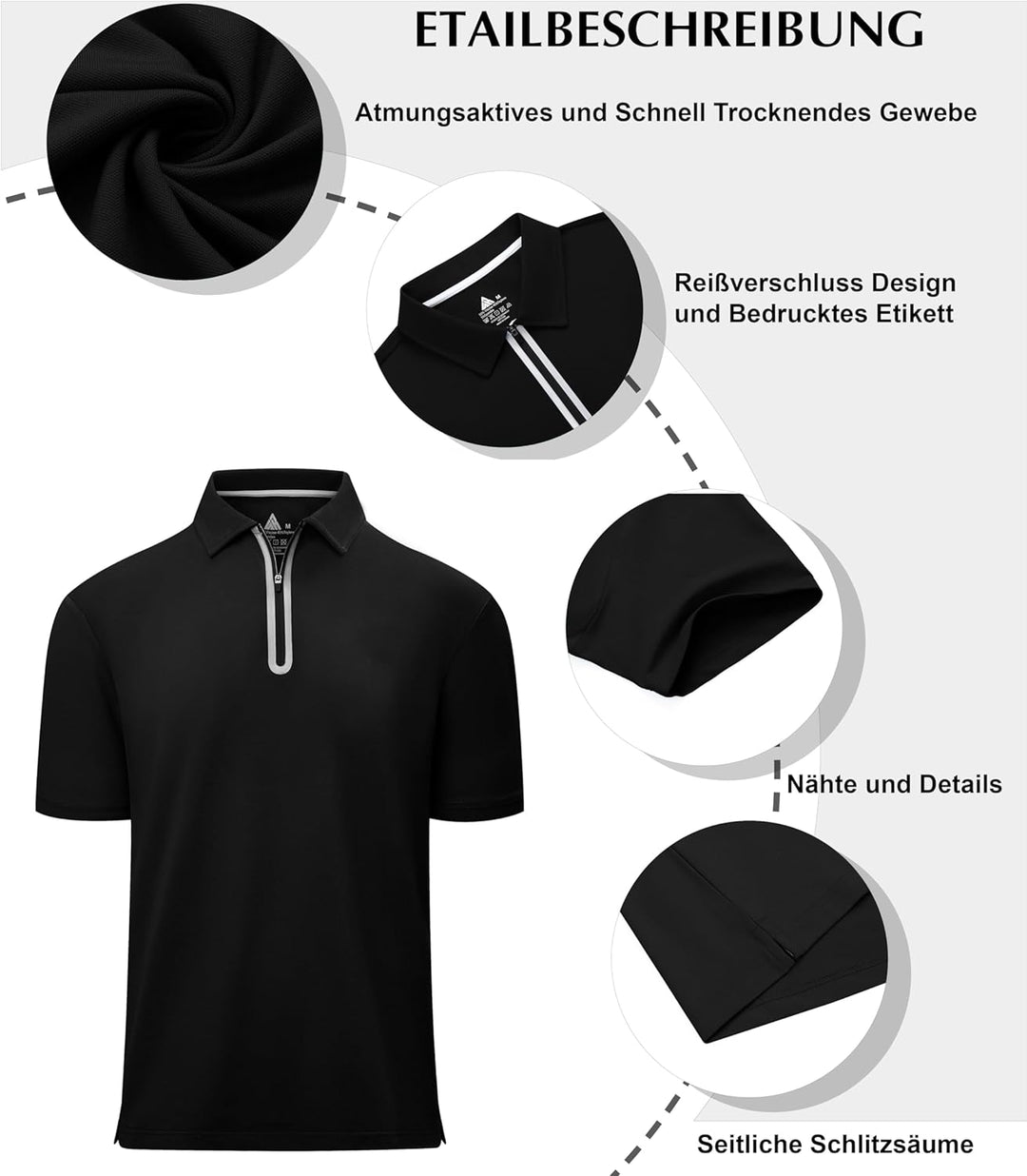 Poloshirt Herren mit Zipper Kurzarm Basic Polo Hemd Schnelltrocknend Golf T-Shirts Sport Atmungsakti