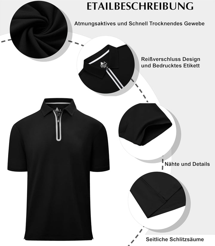 Poloshirt Herren mit Zipper Kurzarm Basic Polo Hemd Schnelltrocknend Golf T-Shirts Sport Atmungsakti