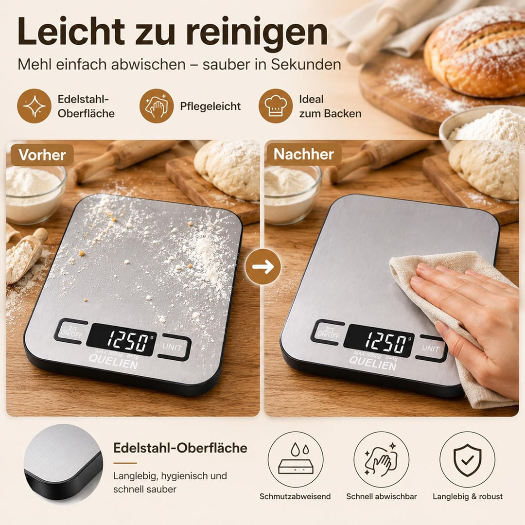 Digitale Küchenwaage Aus Edelstahl, USB-Aufladbar, 5 kg/1 g Präzision, 6 Einheiten, Tara-Funktion, L