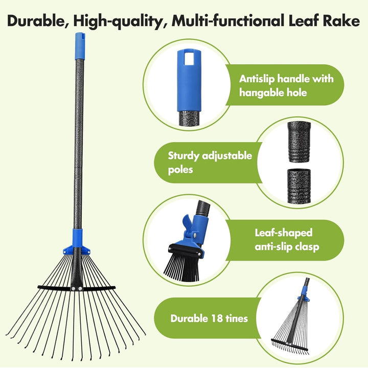 Gartenrechen Laubrechen, 18-zinkiger Metallrechen mit verstellbarem Kopf 25-45 cm, Rasenrechen Laubb