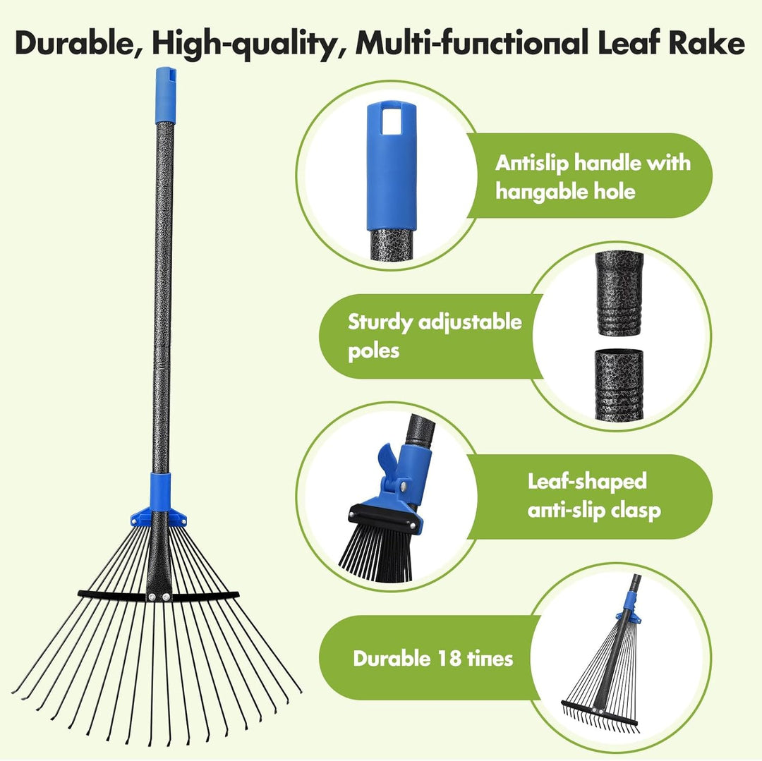 Gartenrechen Laubrechen, 18-zinkiger Metallrechen mit verstellbarem Kopf 25-45 cm, Rasenrechen Laubb