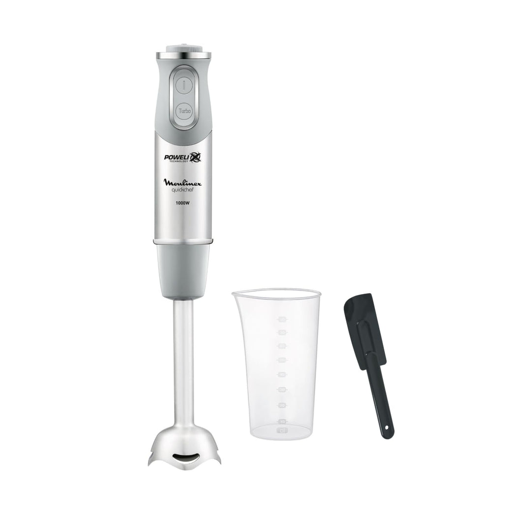 Moulinex Quickchef DD65ADES Stabmixer + Spatel, Metallfuss, 1000 W, 10 Geschwindigkeiten, Messbecher