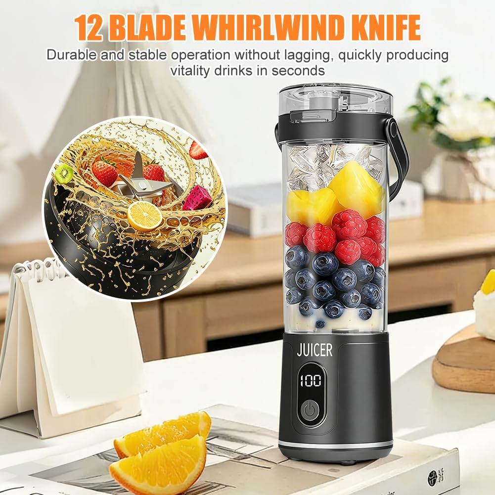 Tragbarer Mixer to go, 600ml Fresh Juice Mixer Flasche Mini Mixer und Smoothie Maker mit 12 Klingen,