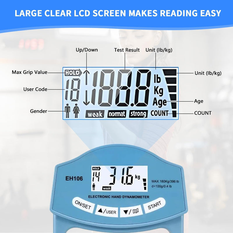 Digitaler Handkraftmessgerät 396lb/180kg, Dynamometer Digital, Electronic Hand Dynamometer, Elektron