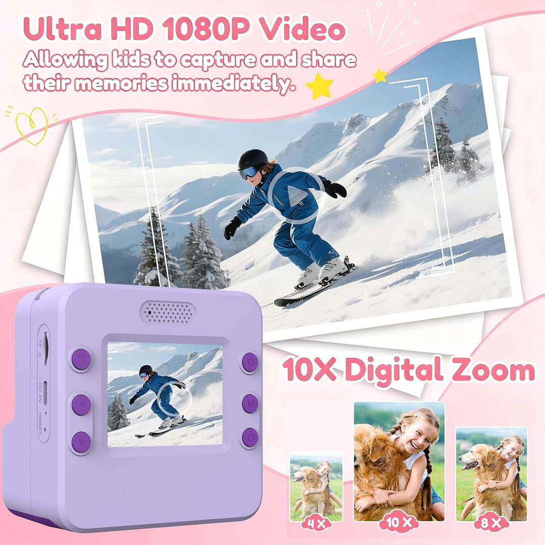 Sofortbildkamera Kinder,Kinderkamera Kompaktkameras 1080P HD Sofortdruck von Fotos,mit 2 Rollen Druc