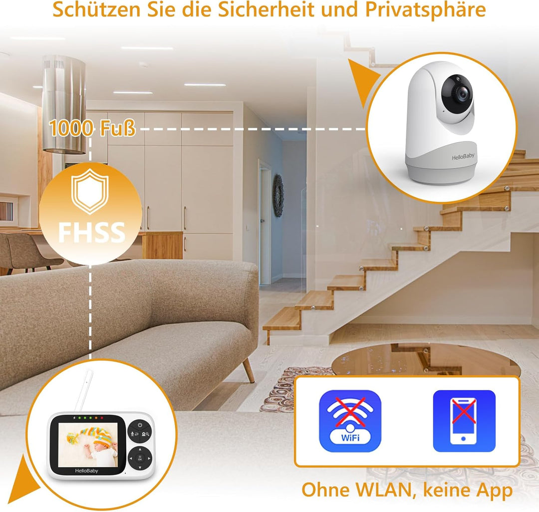HelloBaby Babyphone mit Kamera, Ohne WLAN, 3,2-Zoll-IPS-Bildschirm, Nachtsicht, Schwenken, Neigen Zo