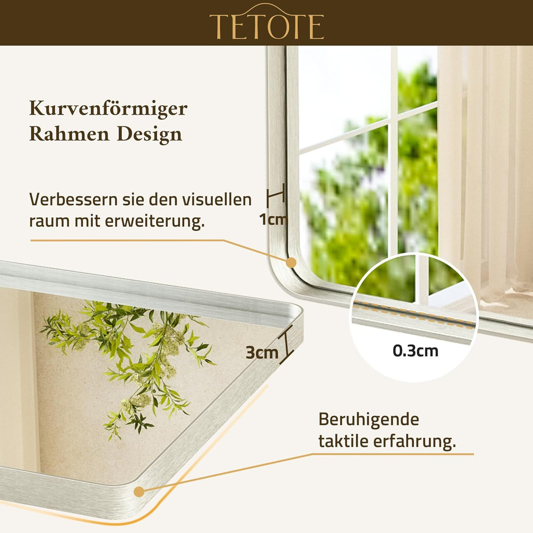 TETOTE 152x90cm Wandspiegel Nickel Ohne Beleuchtung, Rechteckig Badspiegel mit Runder Ecke, Metallra
