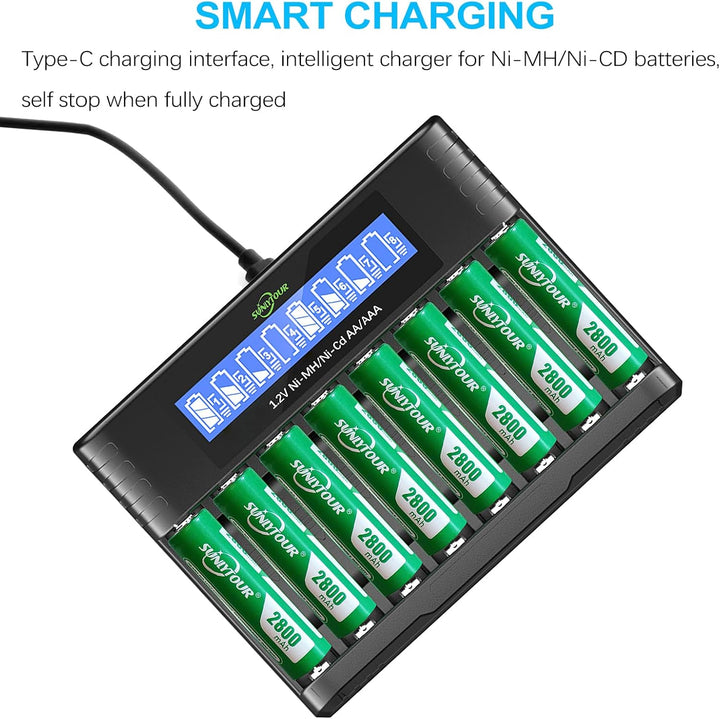 2800mAh NI-MH AA Batterie mit Ladegerät,SUNLYTOUR 8 Stück 2800mAh AA NI-MH Batterien mit 8 Slots AAA