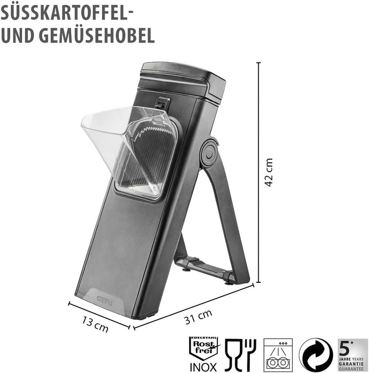GEFU All-in-One Gemüsehobel | Für Süsskartoffeln, Gemüse & Obst bis Ø 8 cm | Mit Auffangbehälter, ve