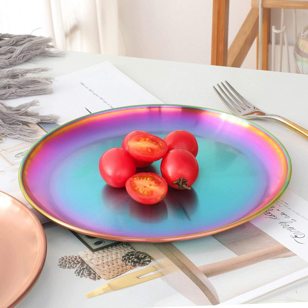 Edelstahl Regenbogen Teller Metall Teller 23cm Camping Servieren Salatteller Kid Geschirr Set für 4