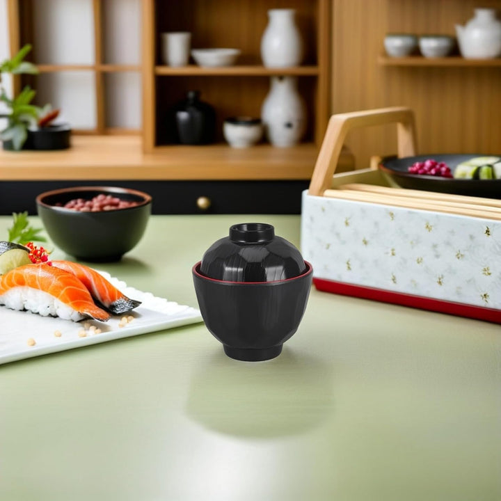 Supvox Japanische Reisschalen mit Deckel 2 Stück 180ml aus Kunststoff | Schwarz, Mikrowellengeeignet