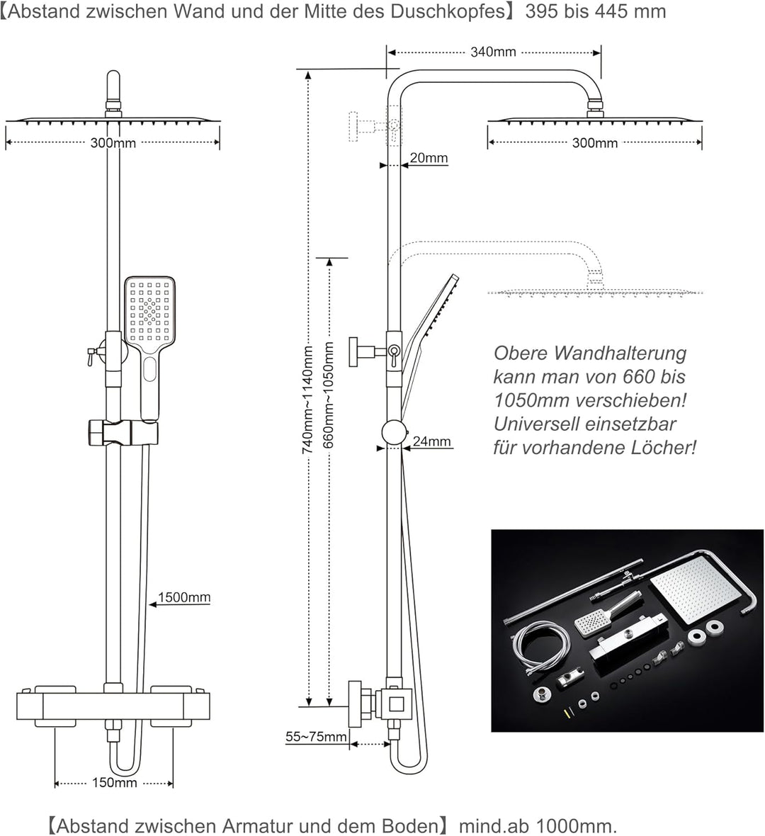 JOHO Thermostat Duschset Duschsystem Regendusche Duschgarnitur Duscharmatur mit 304 Edelstahl Kopfbr