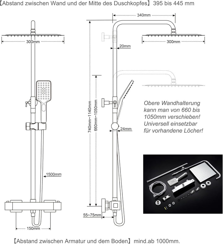 JOHO Thermostat Duschset Duschsystem Regendusche Duschgarnitur Duscharmatur mit 304 Edelstahl Kopfbr