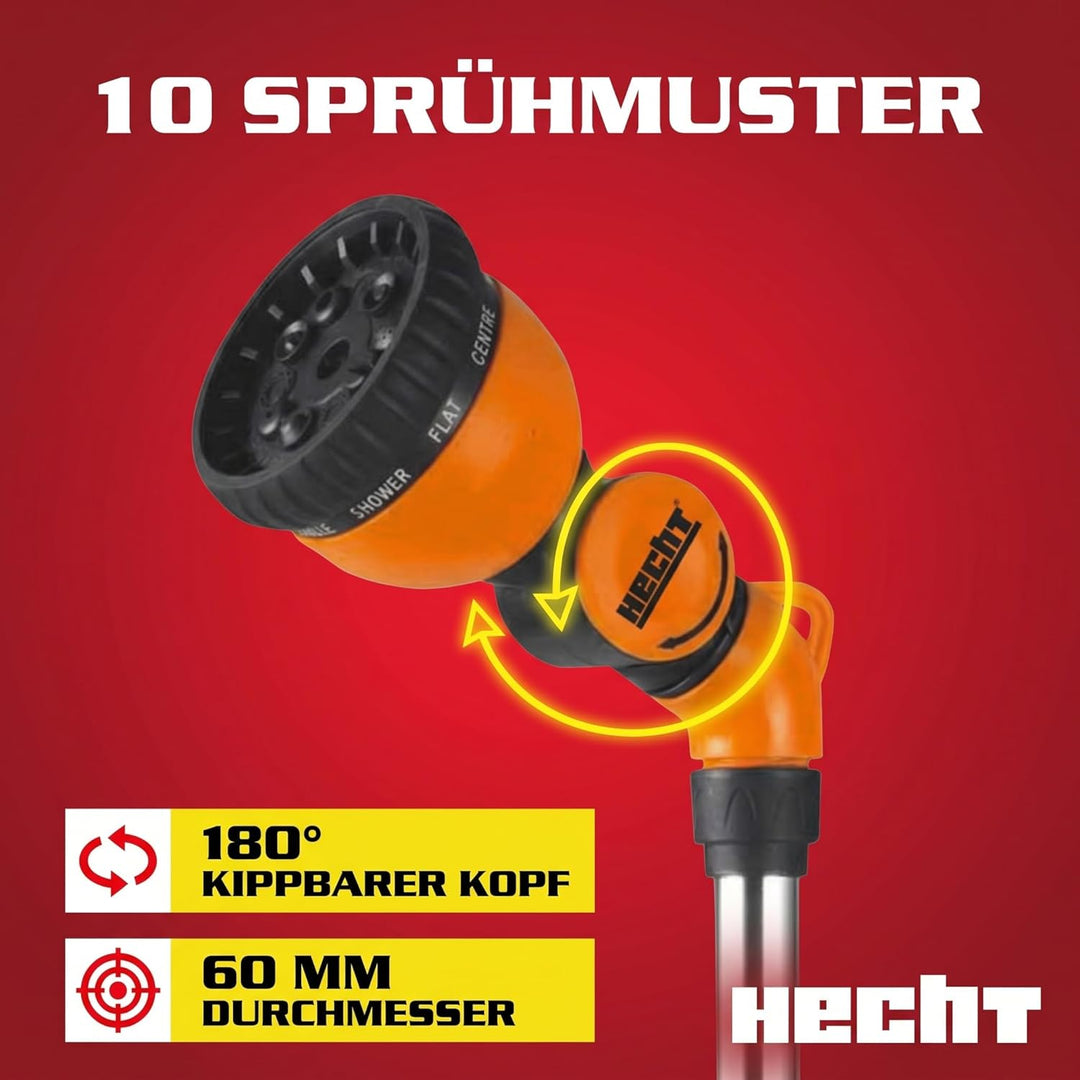 HECHT Gartenbrause mit Giessstab aus Metall, 67 cm, 10 Sprühfunktionen & 180° Sprühkopf, für Gartens