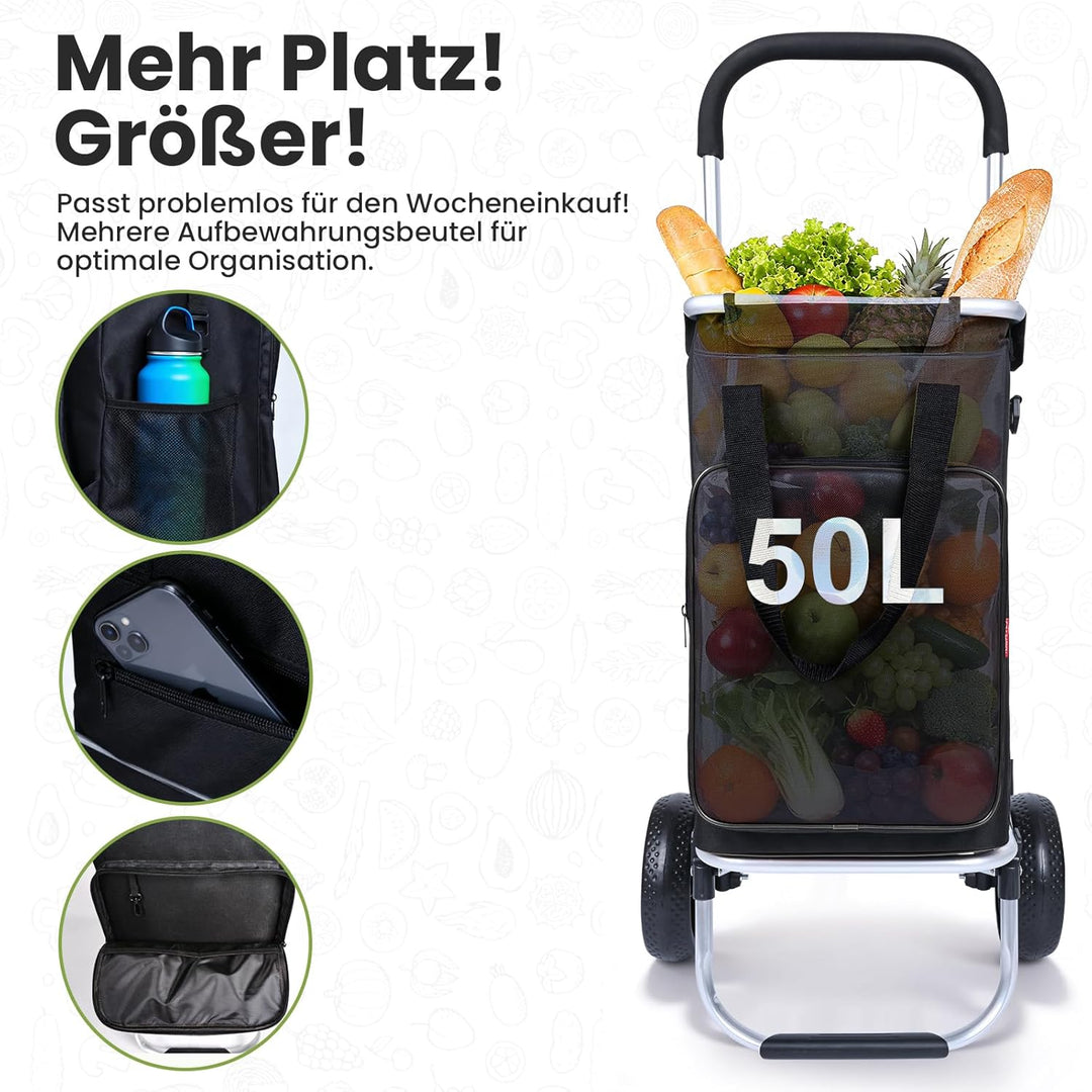 YEAUPE PRO Einkaufswagen mit Kühlfach | max. 50L & 25kg Traglast | Klappbarer 3in-1 Trolley Sackkarr