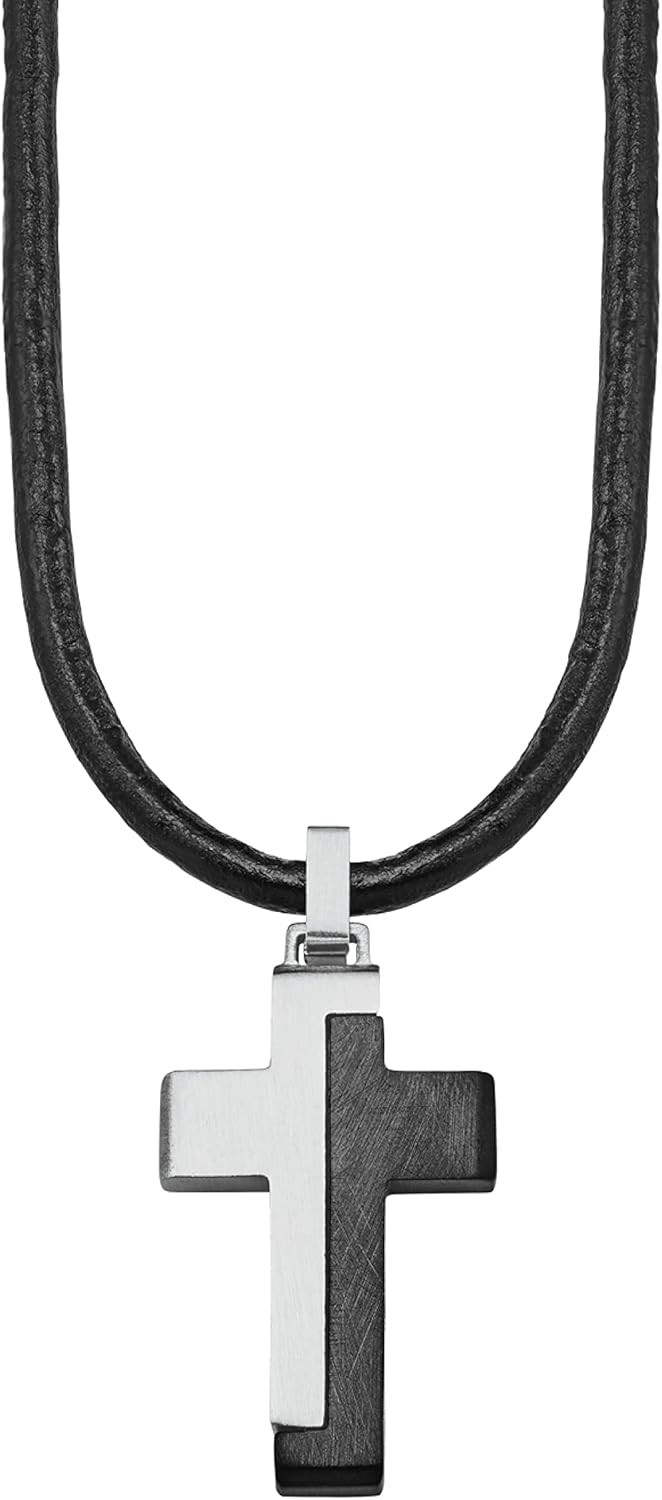 s.Oliver Kette mit Anhänger Edelstahl Leder Jungen Kinder Halsschmuck, 40+3 cm, Schwarz, Kreuz, Komm