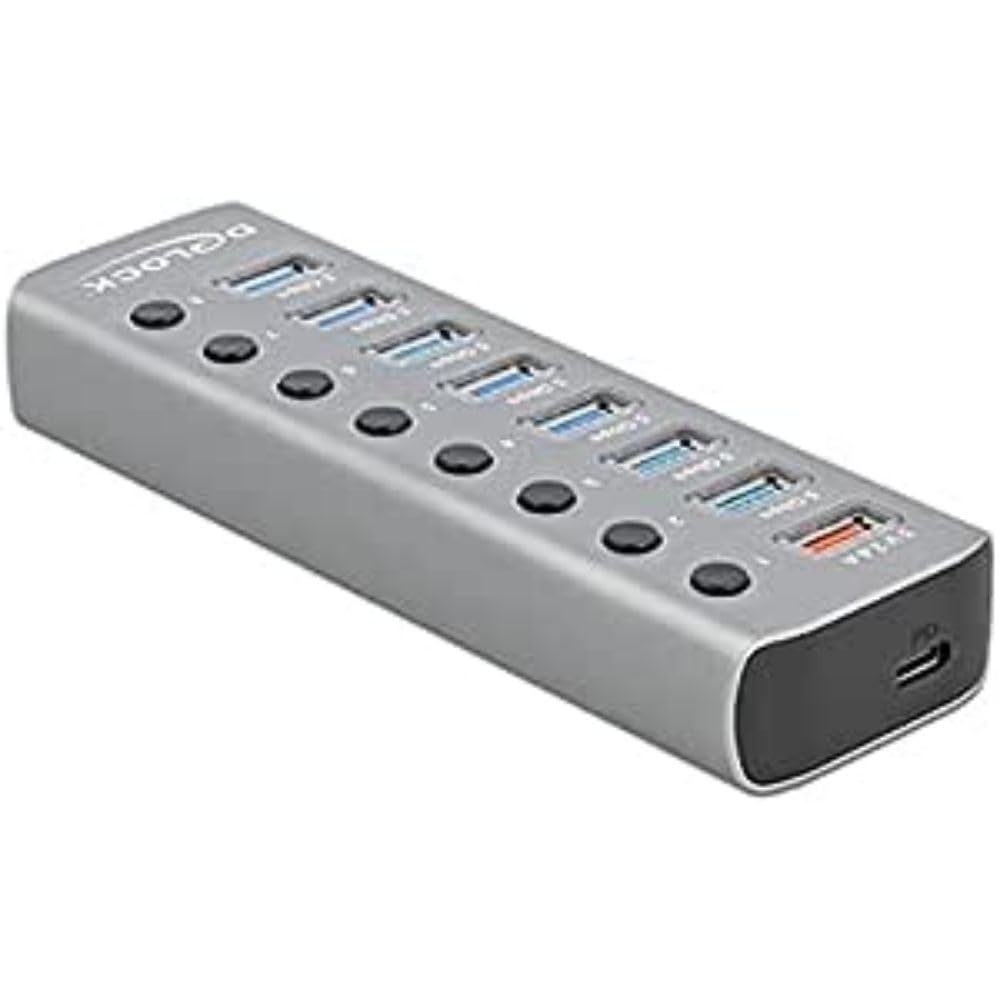 Delock USB 3.2 Gen 1 Hub mit 7 Ports + 1 Schnellladeport + 1 USB-C PD 3.0 Port mit Schalter und Bele