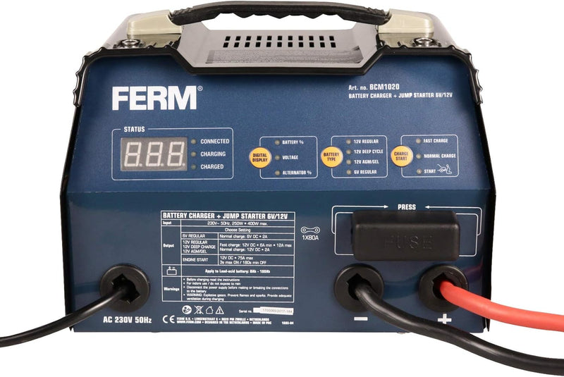 Ferm Akkuladegerät mit Impuls-Erhaltungsladung und Starthilfe - 6V/12V