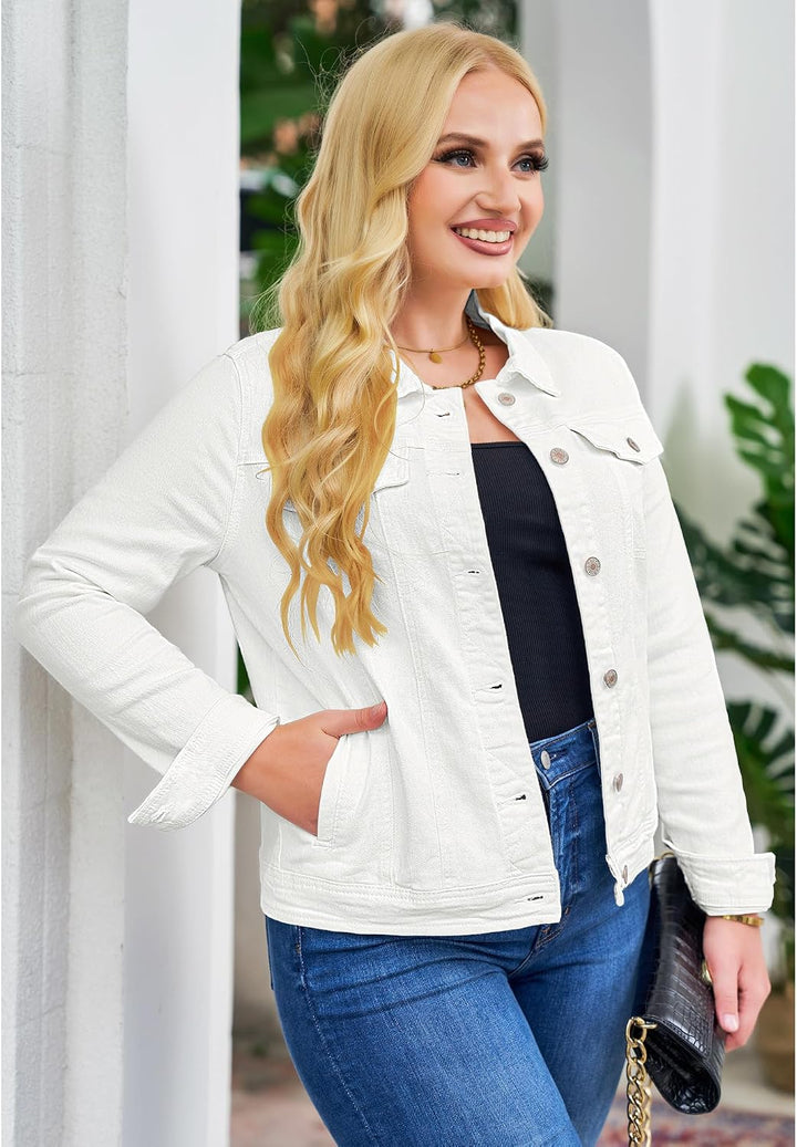 Roskiky Jeansjacken Damen Jean Stretchy Langarm Trucker Jacke mit Tasche XL Weiss, XL Weiss