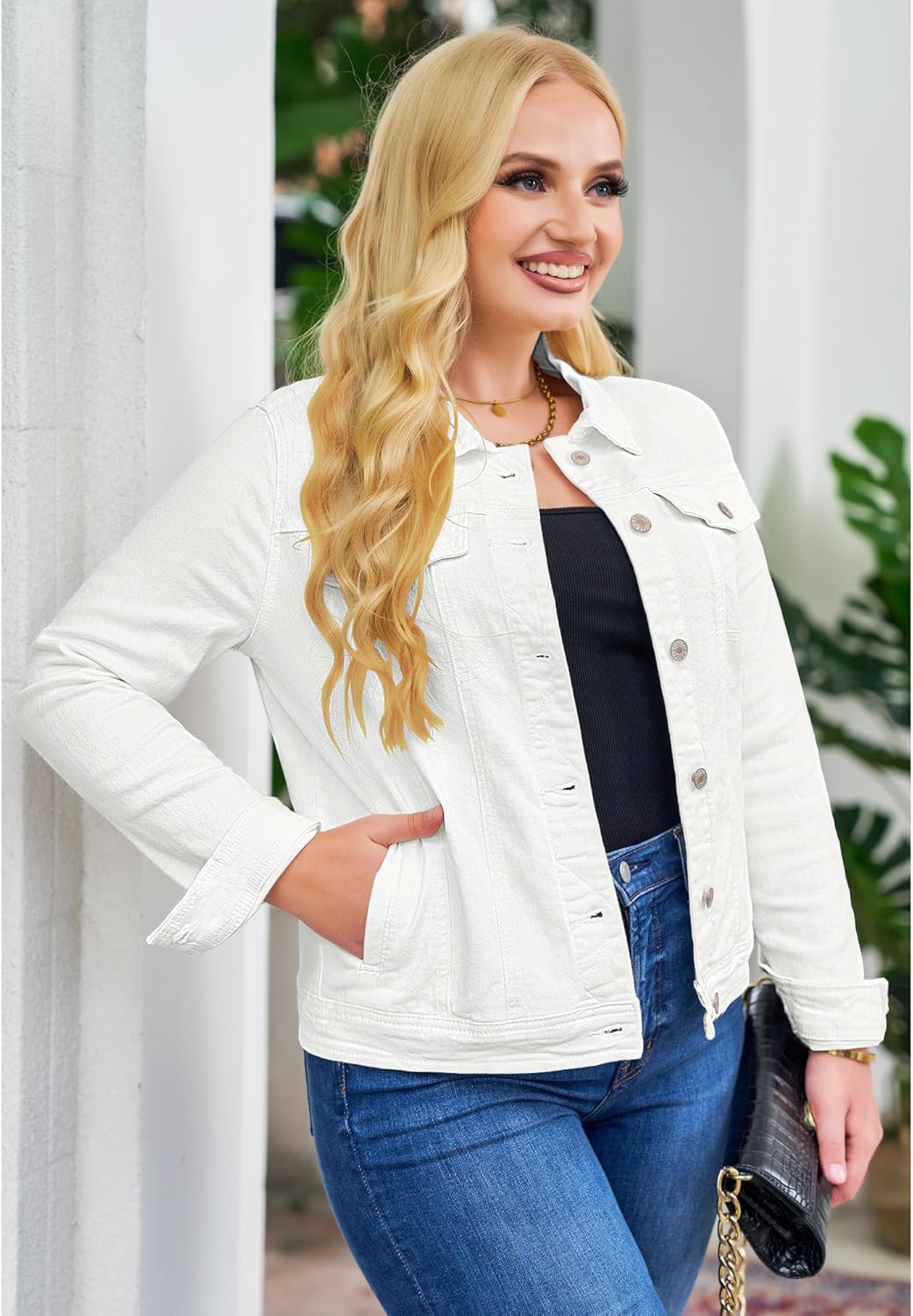 Roskiky Jeansjacken Damen Jean Stretchy Langarm Trucker Jacke mit Tasche M Weiss, M Weiss