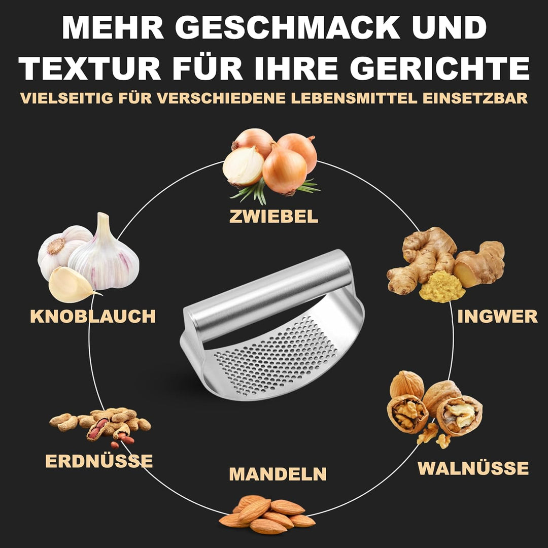 Knoblauchpresse Edelstahl 4-in-1 - Set Garlic Press & Knoblauchschneider mit Silikon-Schäler + Finge