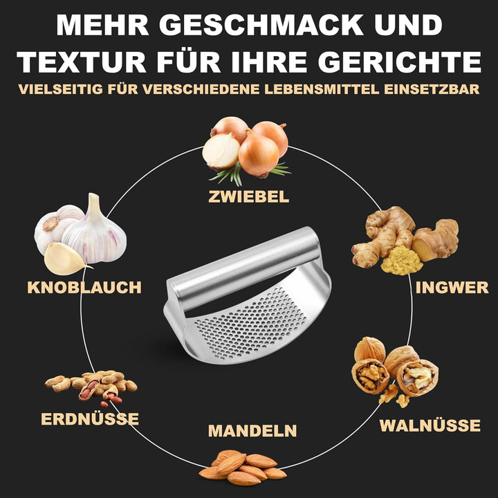Knoblauchpresse Edelstahl 4-in-1 - Set Garlic Press & Knoblauchschneider mit Silikon-Schäler + Finge