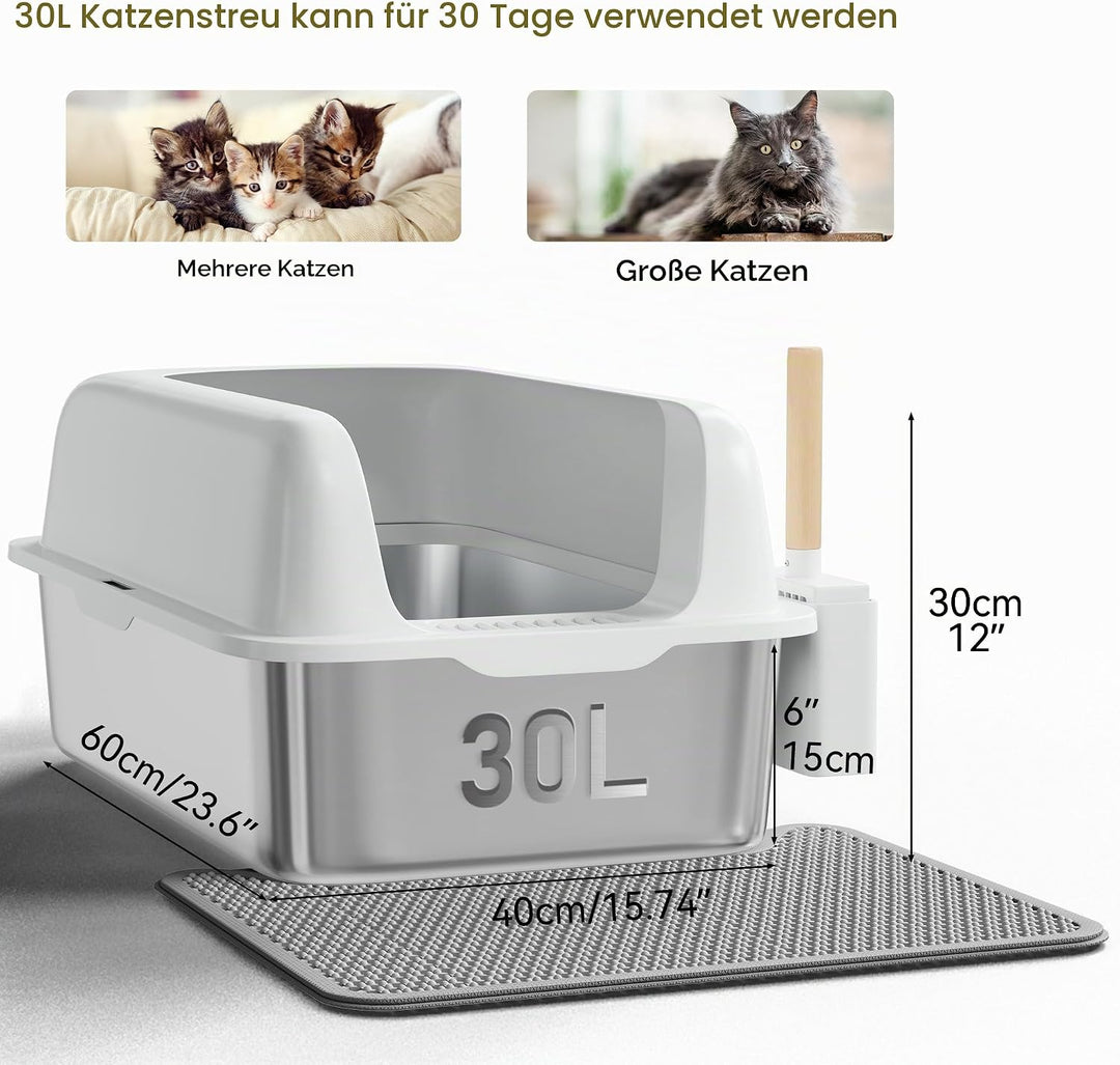 YITAHOME Edelstahl-Katzentoilette mit Deckel, XXL Extra Grosses Katzenklo mit Schaufel – Rutschfeste