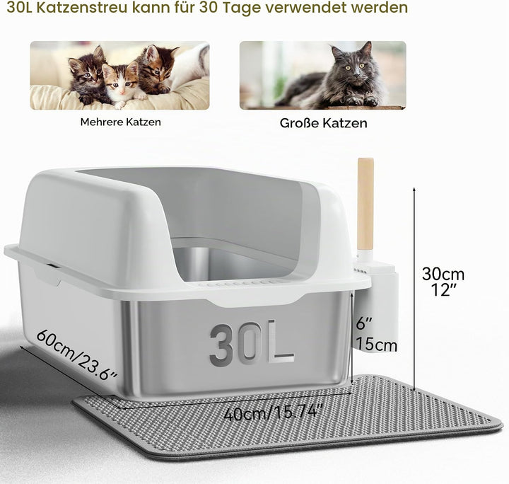 YITAHOME Edelstahl-Katzentoilette mit Deckel, XXL Extra Grosses Katzenklo mit Schaufel – Rutschfeste