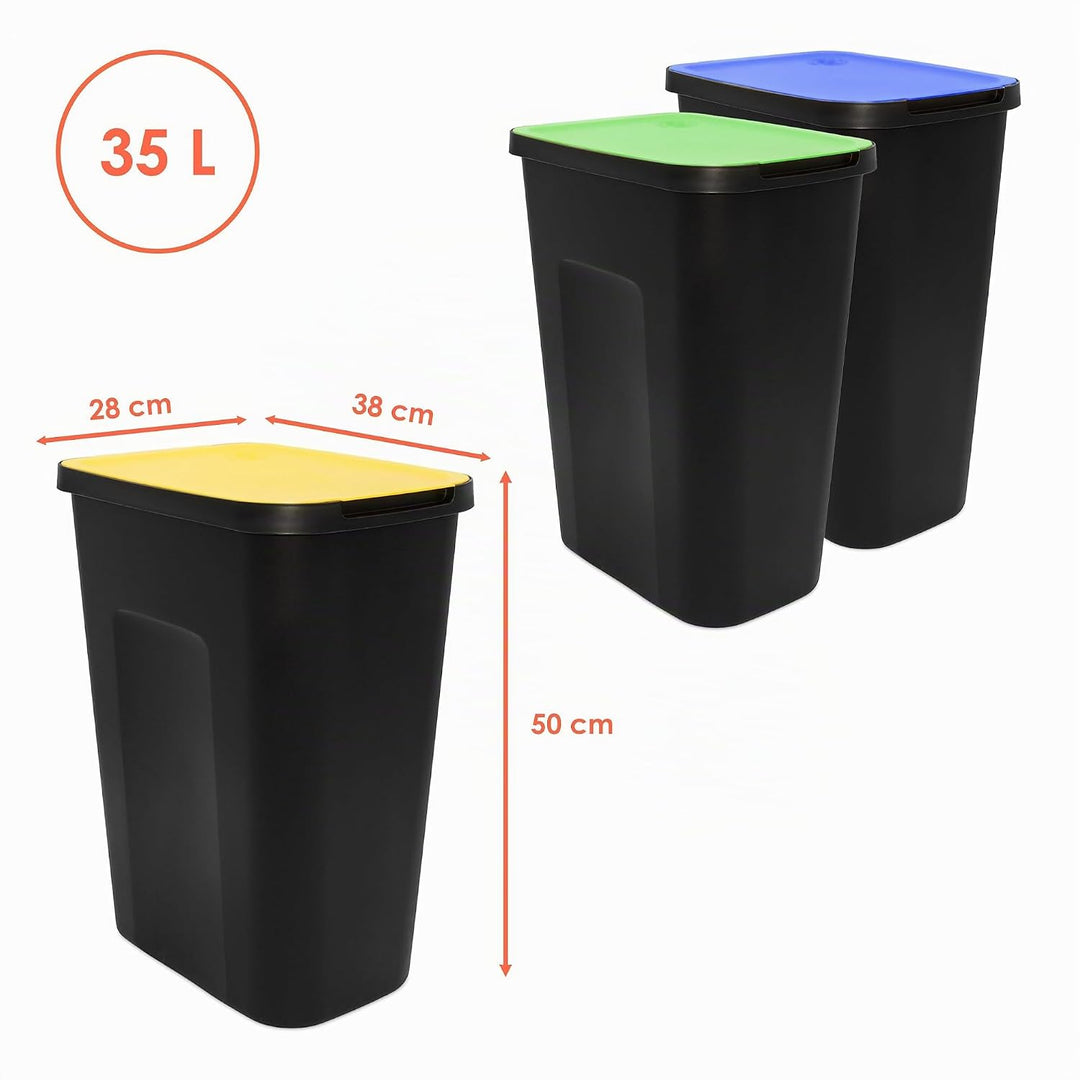 Spetebo Abfalleimer schwarz mit farbigem Klappdeckel 3er Set - 35 L - Mülltrennsystem für Kunststoff